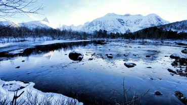 Elv og skog i vinterlandskap